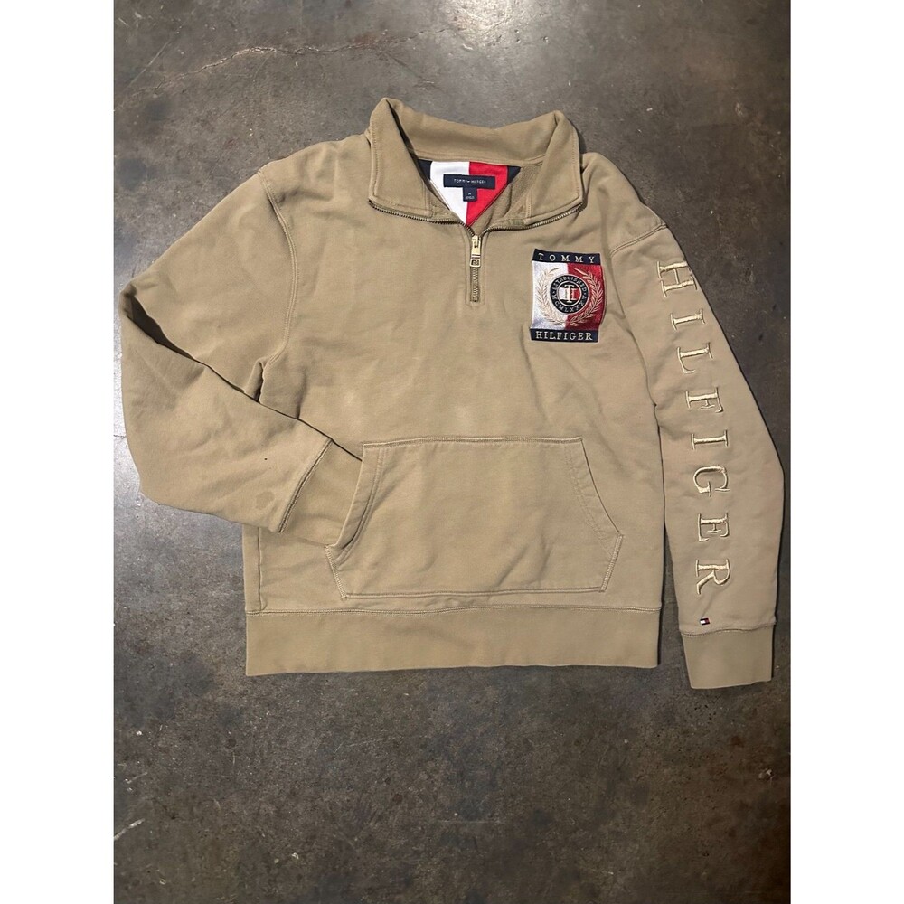 Tommy Hilfiger Quarter Zip Sweatshirt Womens Medium Tan Spellout Sleeve Logo